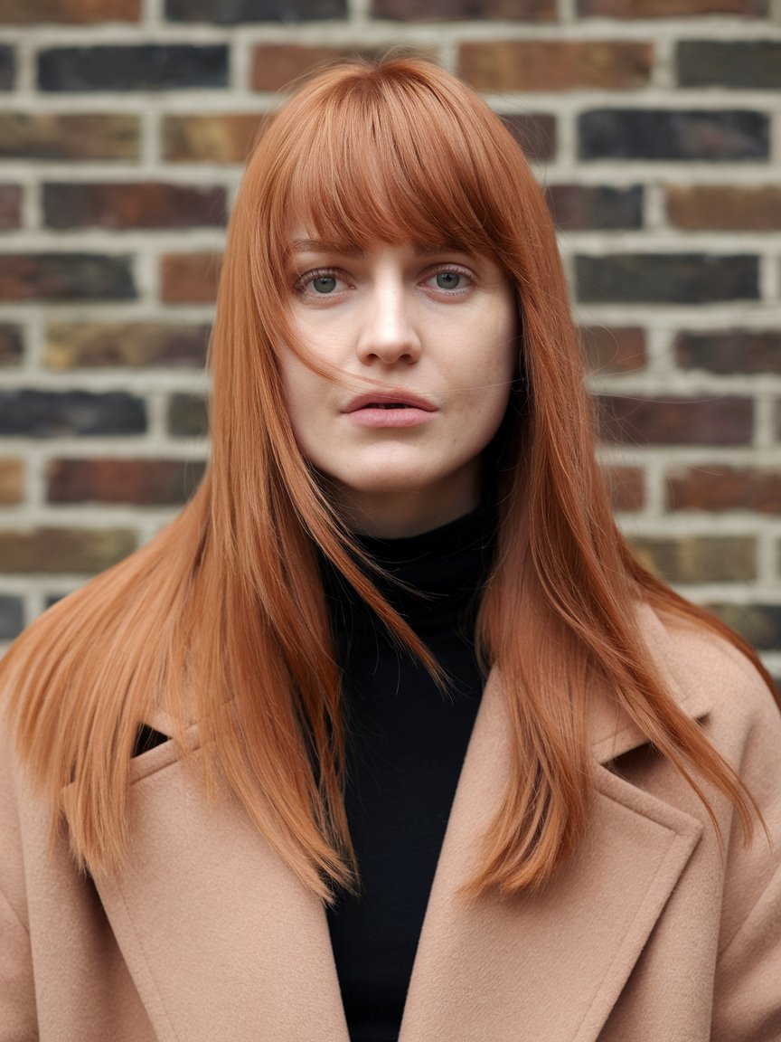 4. Long Straight Copper Cut with Bangs