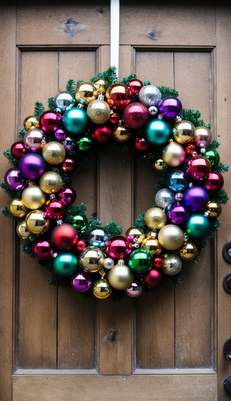 A vintage ornament wreath hanging on a rustic wooden door, adorned with an array of colorful and glittering Christmas ornaments