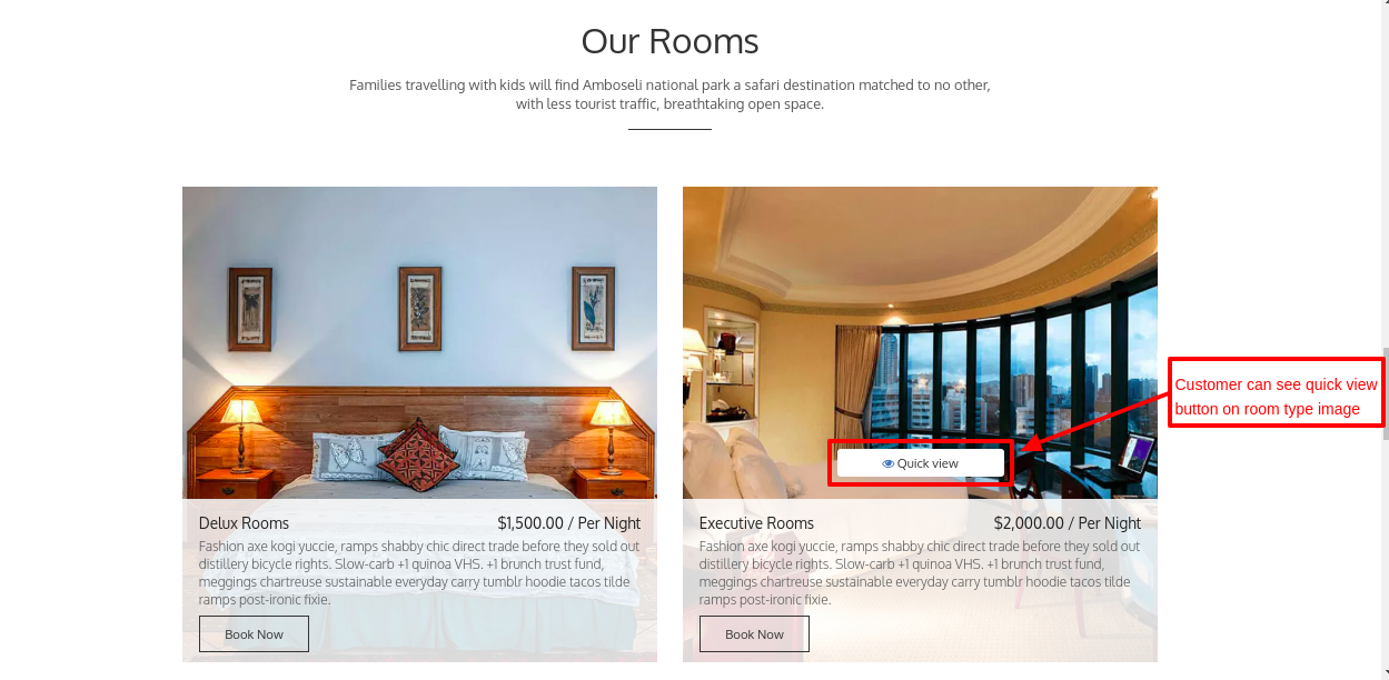 Quick view button displayed over the image of any room type 
