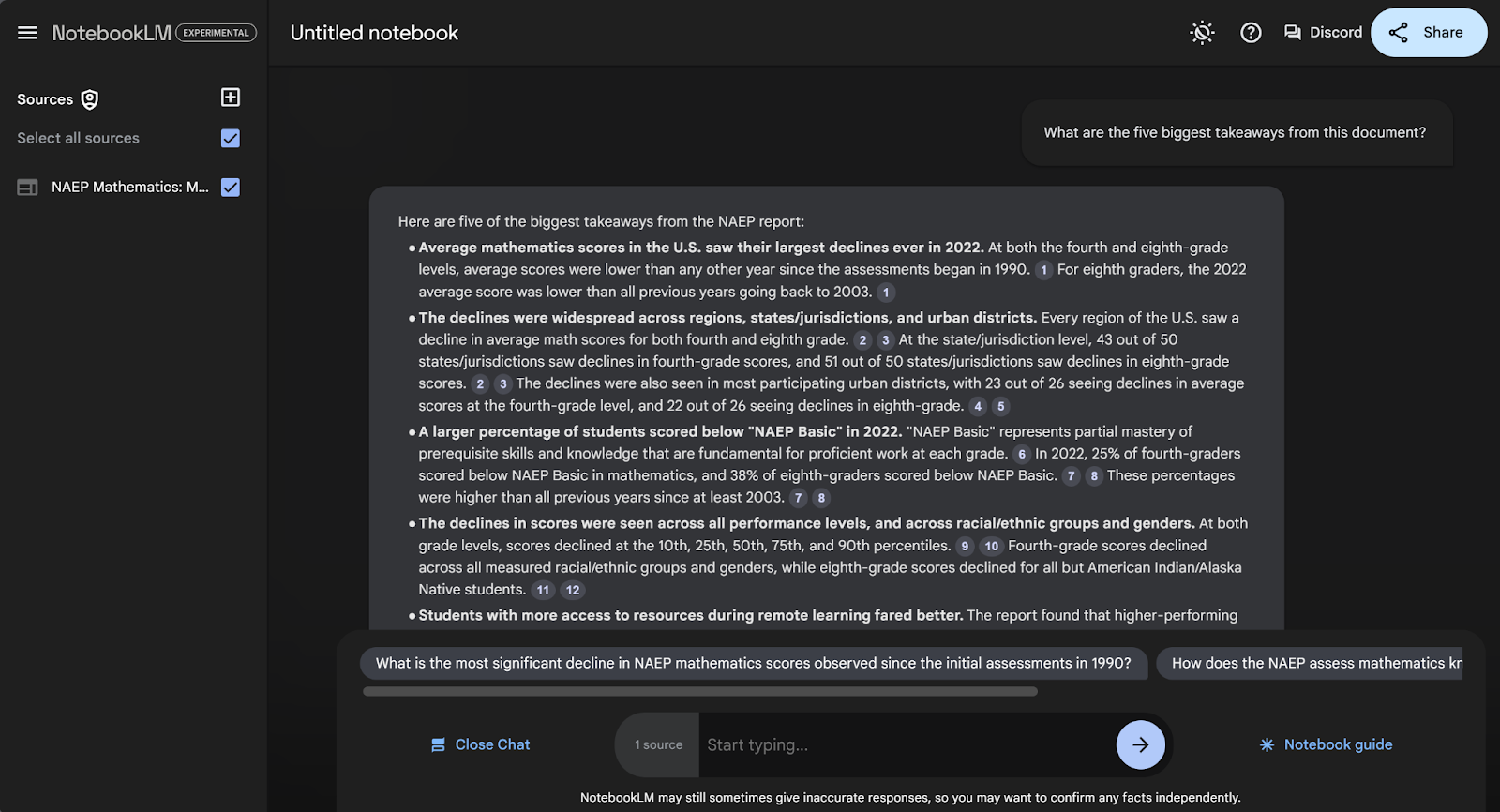 NotebookLM chat interface showing a question and answer