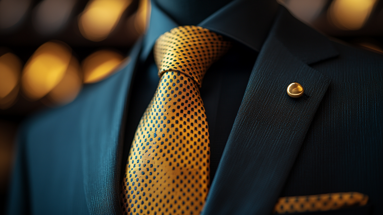 A close-up image of a gold tie neatly hung on a hanger, exuding a rich, luxurious look. The tie perfectly complements a black suit, ideal for celebrations or events where you want to stand out. The lighting emphasizes its shine and sophistication. Ultra-detailed, 8K resolution.