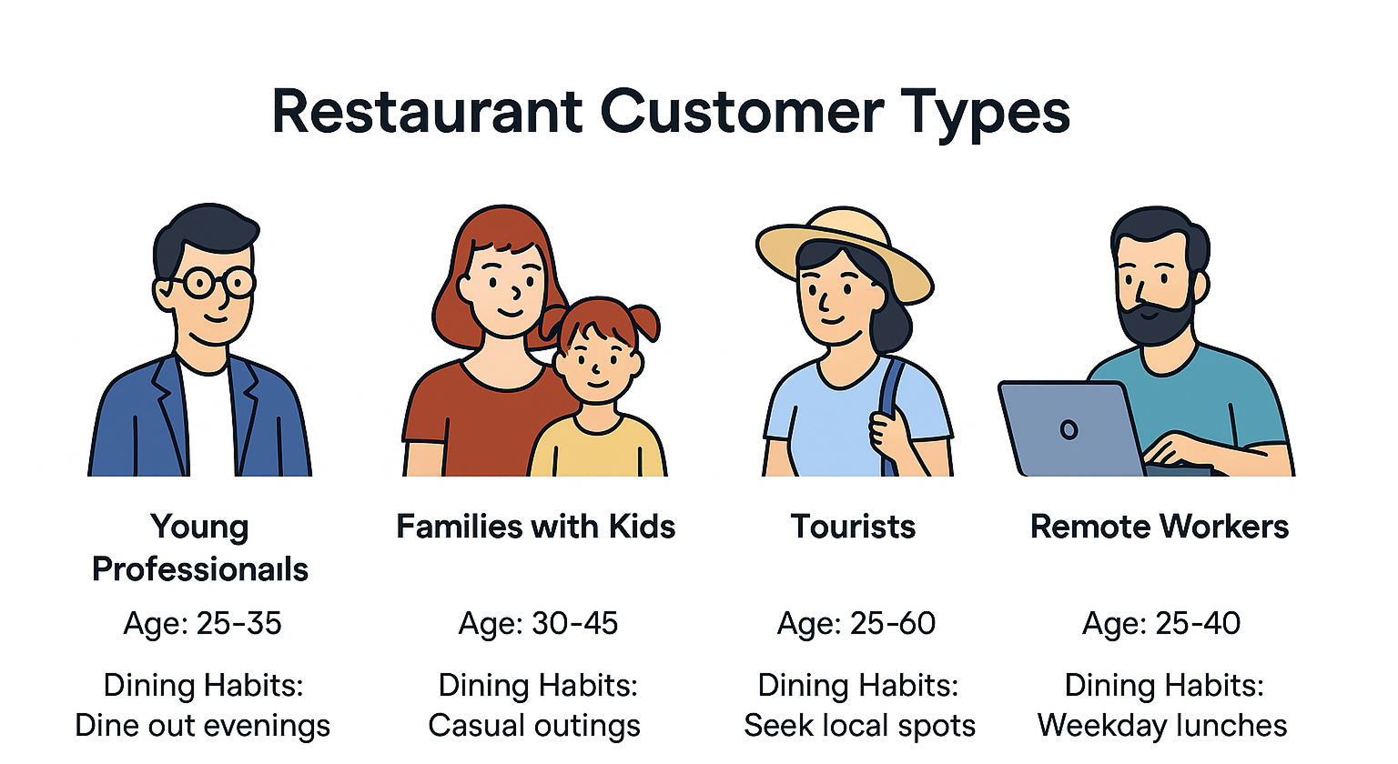 Illustrated customer personas for a local restaurant: young professionals, families, tourists, and remote workers with key traits and dining habits