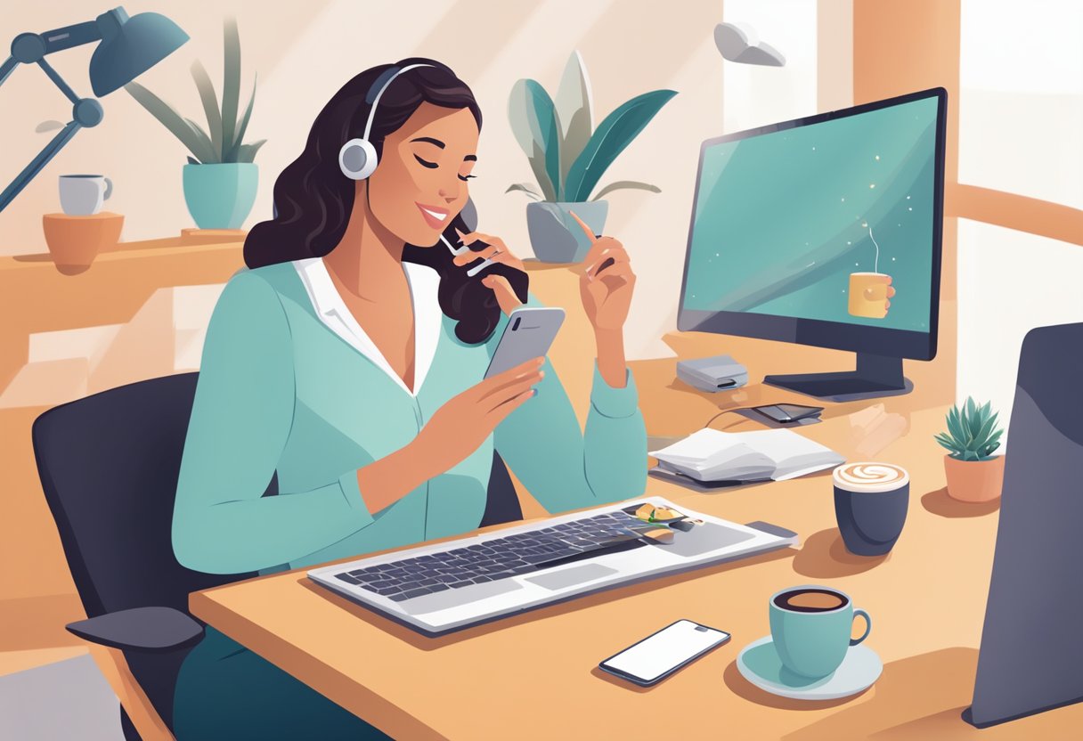 A woman with lash extensions multitasking at a desk, juggling a phone call, laptop, and coffee, showcasing the time-saving benefits for busy Hackensack women