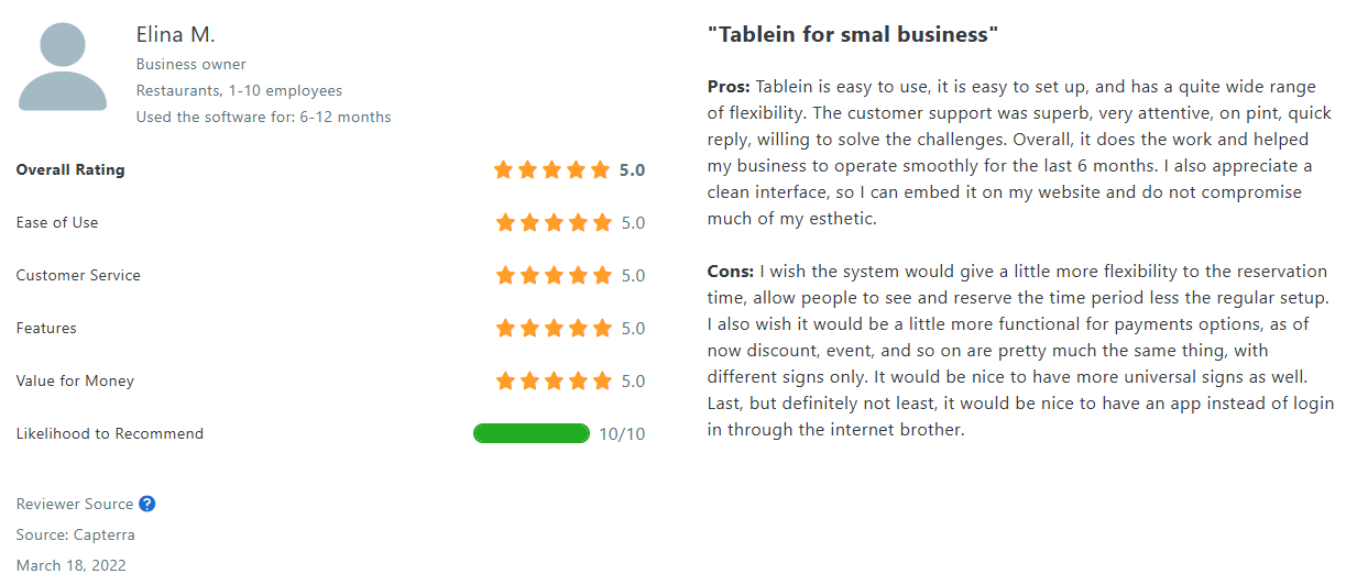 Tablein customer review on Capterra