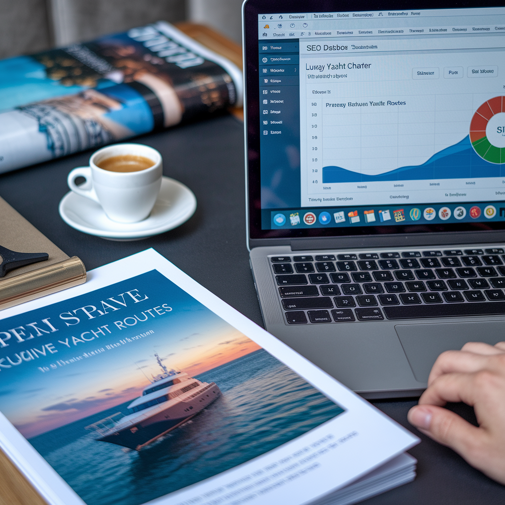 Laptop and magazines with yachts