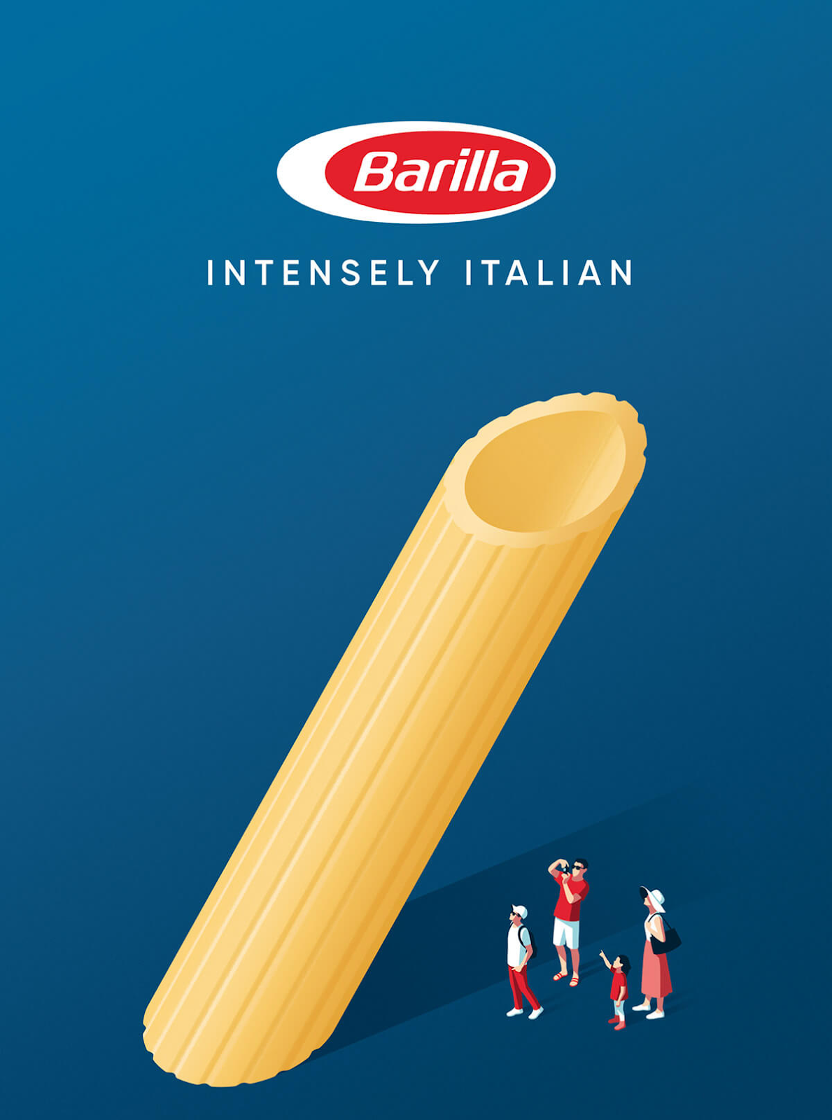 Barilla ad with large penne pasta on blue background, small figures looking up, logo, and tagline “Intensely Italian.”