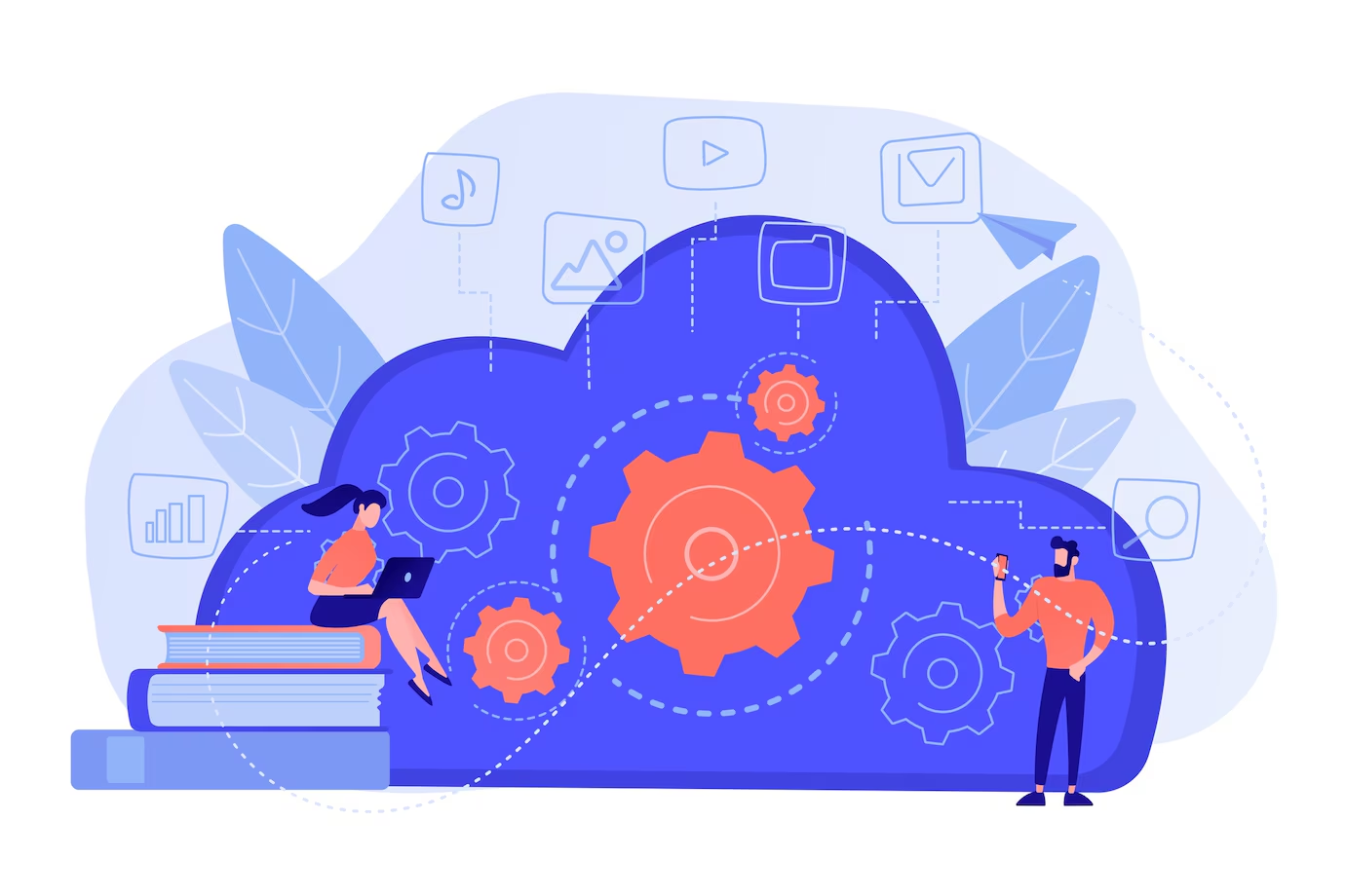 illustration of cloud-based ERP systems with gears, books, and business icons