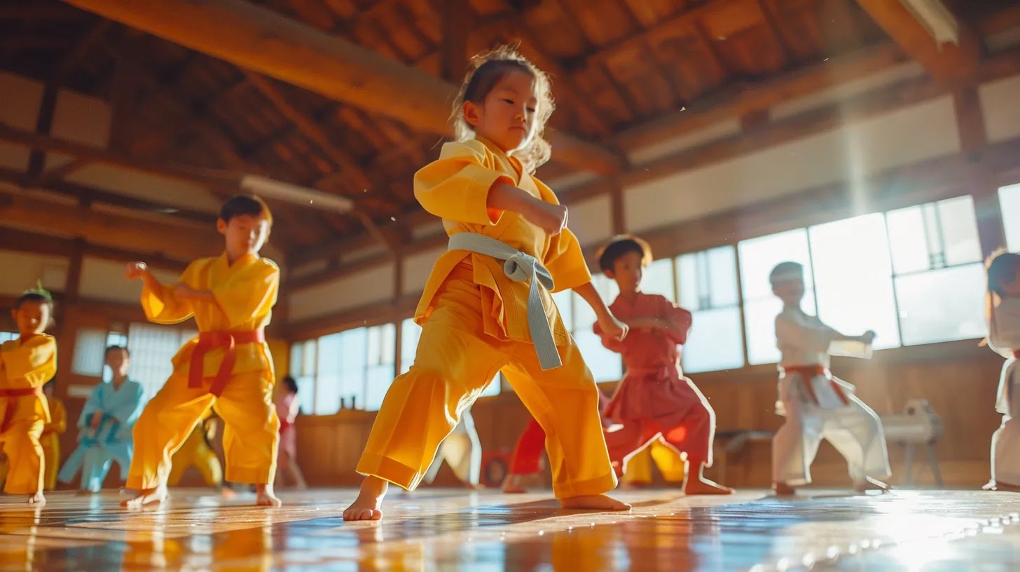 a vibrant scene captures a group of children in colorful karate gis, focused and engaged in a dynamic training session, showcasing their determination and camaraderie under soft natural lighting in a spacious dojo.