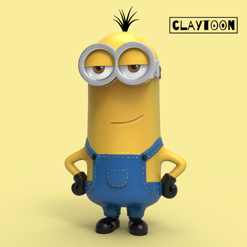 3D printed Minion-style character with goggles and blue overalls, arms on hips, designed by Claytoon

