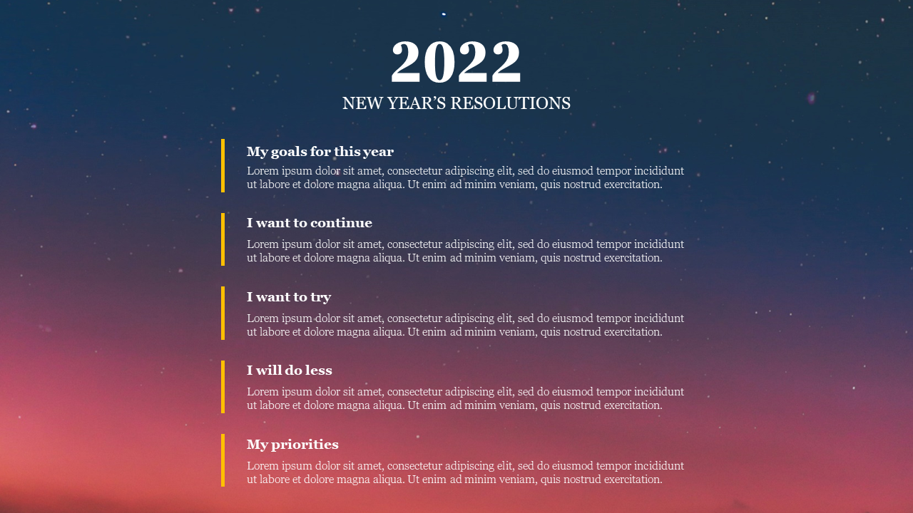 A New Year's resolution template featuring a gradient night sky background with sections for goals, priorities, and plans.