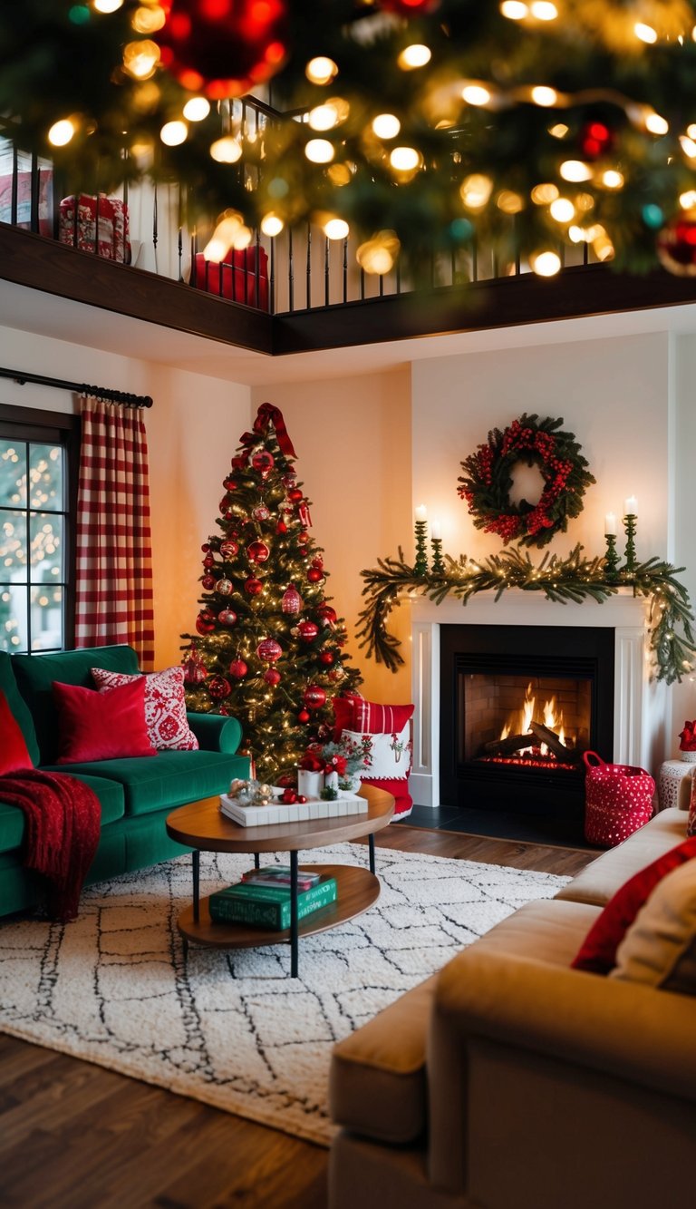 A cozy living room adorned with red and green decorations, twinkling lights, and a crackling fireplace