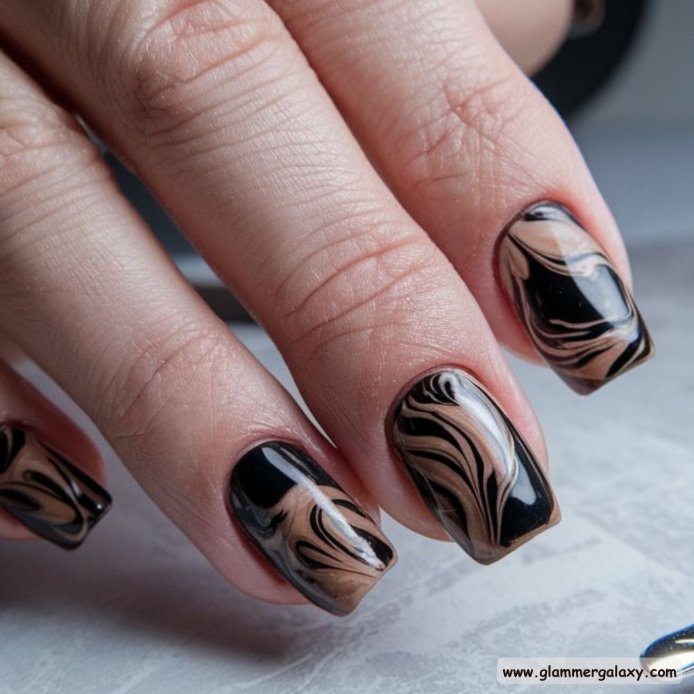 Black Fall Nails having Black & Brown Marble Sophistication
