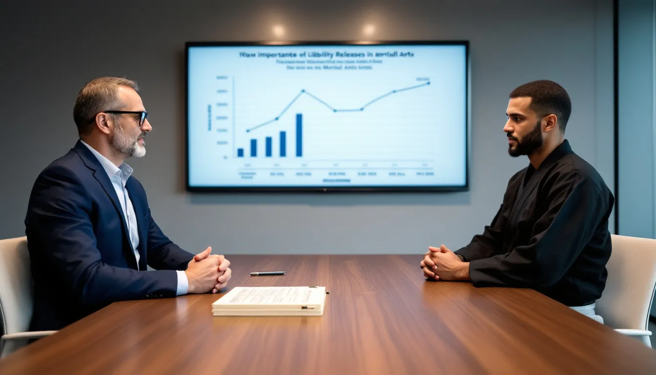 An insurance agent discussing risk management strategies with a martial arts instructor, with waiver documents in view.