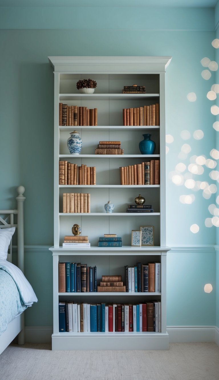 A classic white bookshelf stands against a pale blue wall in a serene bedroom, adorned with decorative items and neatly arranged books