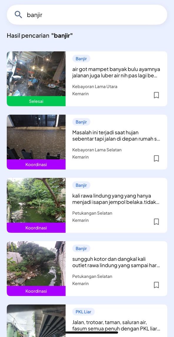 Searching for the keyword “banjir” using the Citizen Report feature on JAKI.