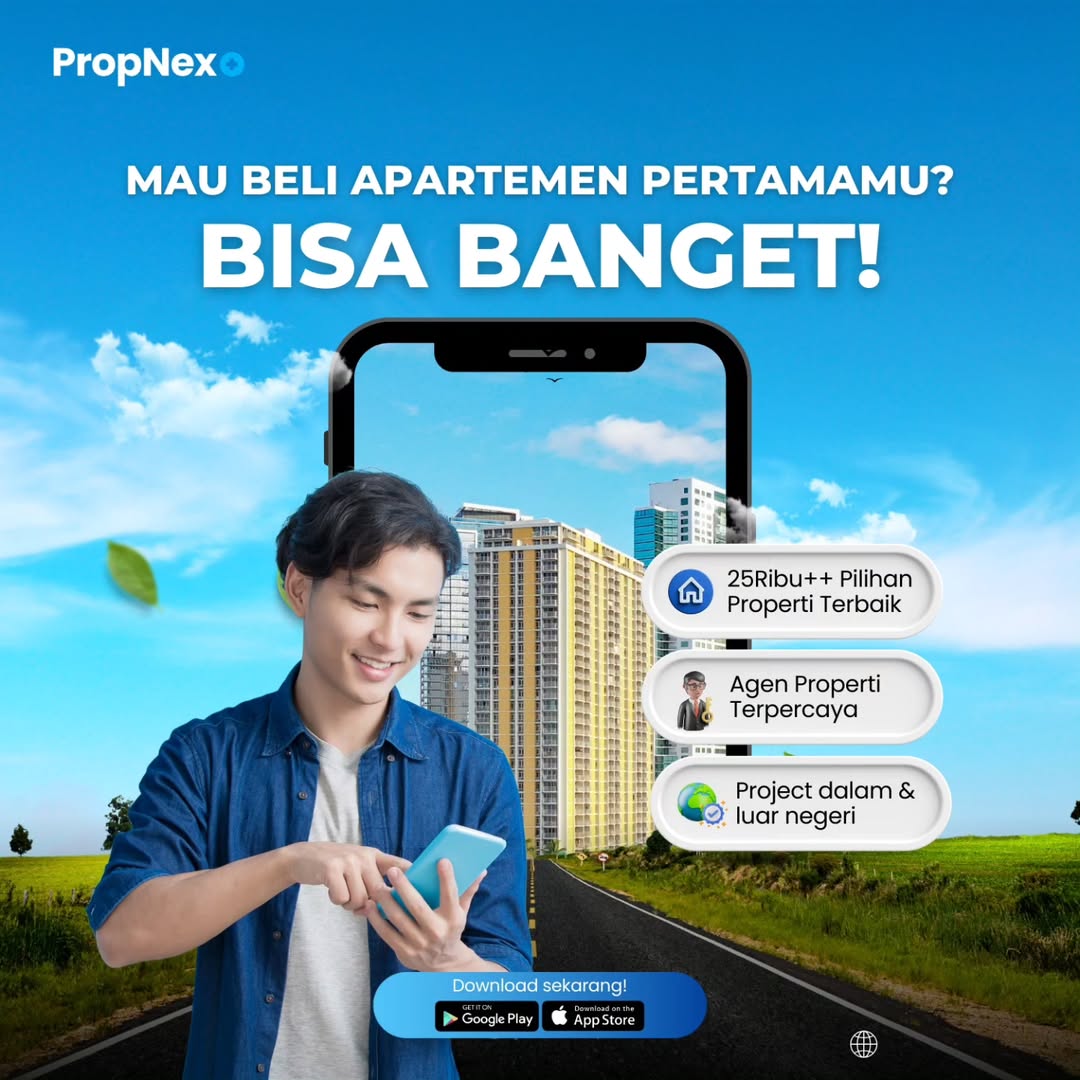 Poster aplikasi PropNex+ dengan ada seorang pria menggenggap smartphone, ada background apartemen di belakangnya