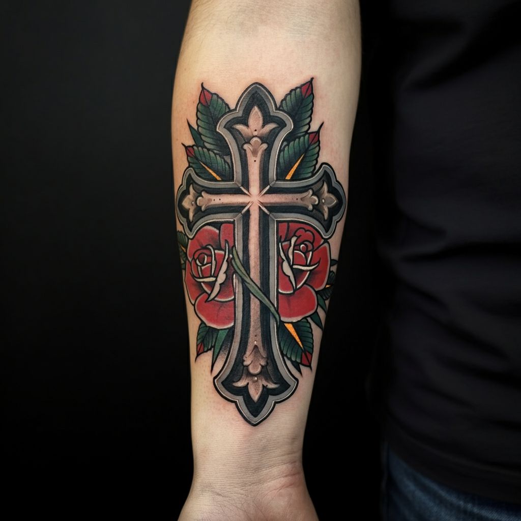 Cross with Flowers Tattoo on arm