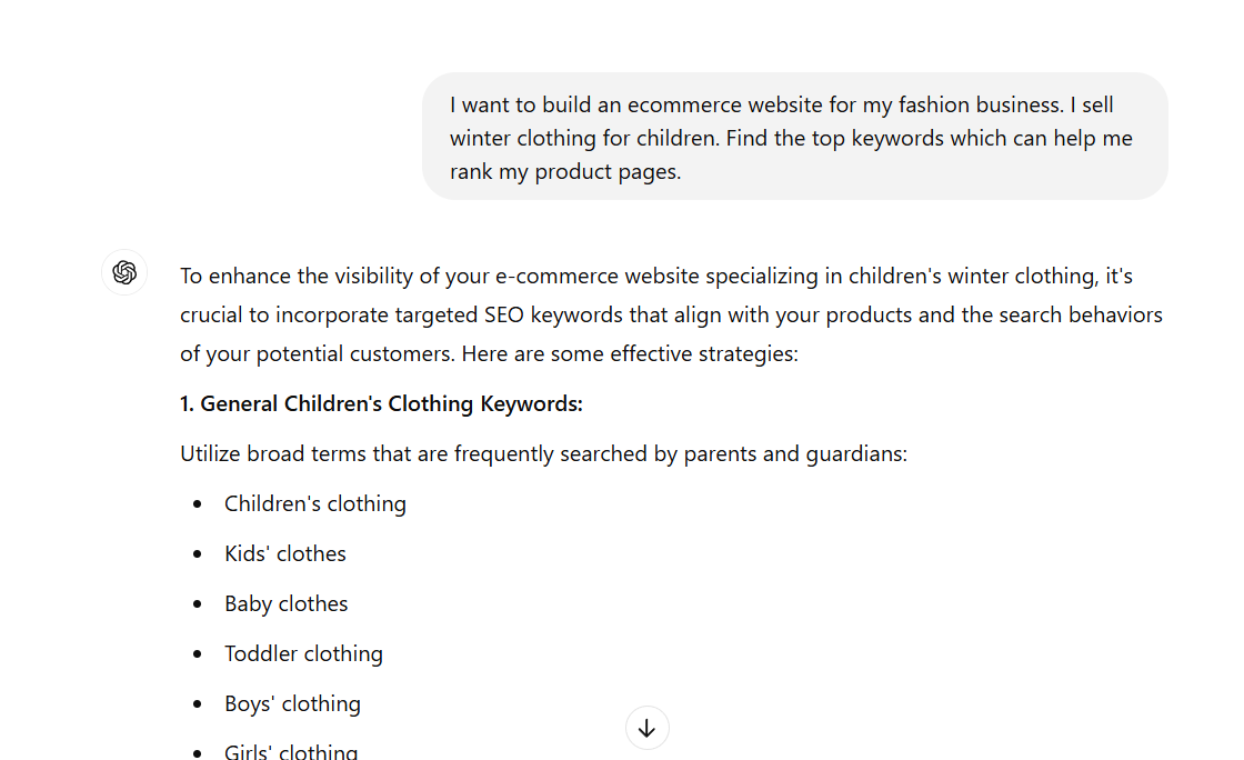 ChatGPT suggests generic keywords for e-commerce.