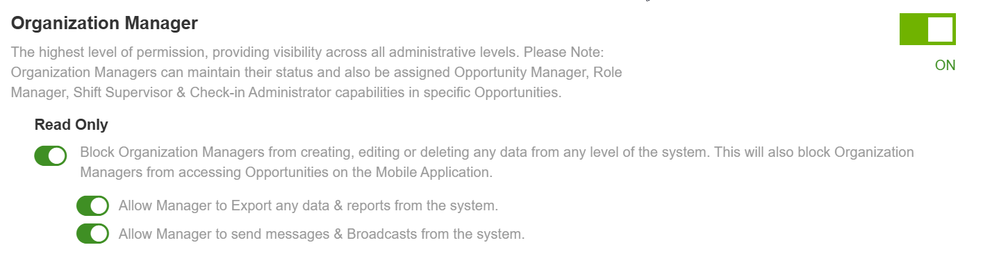 Screenshot showing the Organization Manager permission and its sub-options.