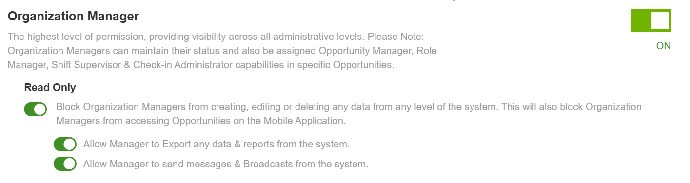 Screenshot of the Organization Manager permission controls, showing the Read Only option and sub-options.