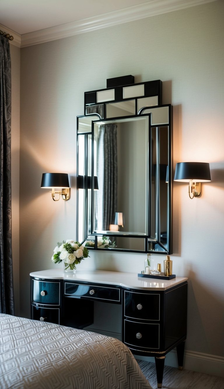 A sleek Art Deco mirror hangs above a vintage vanity in a sophisticated guest bedroom. The room is adorned with luxurious fabrics and geometric patterns