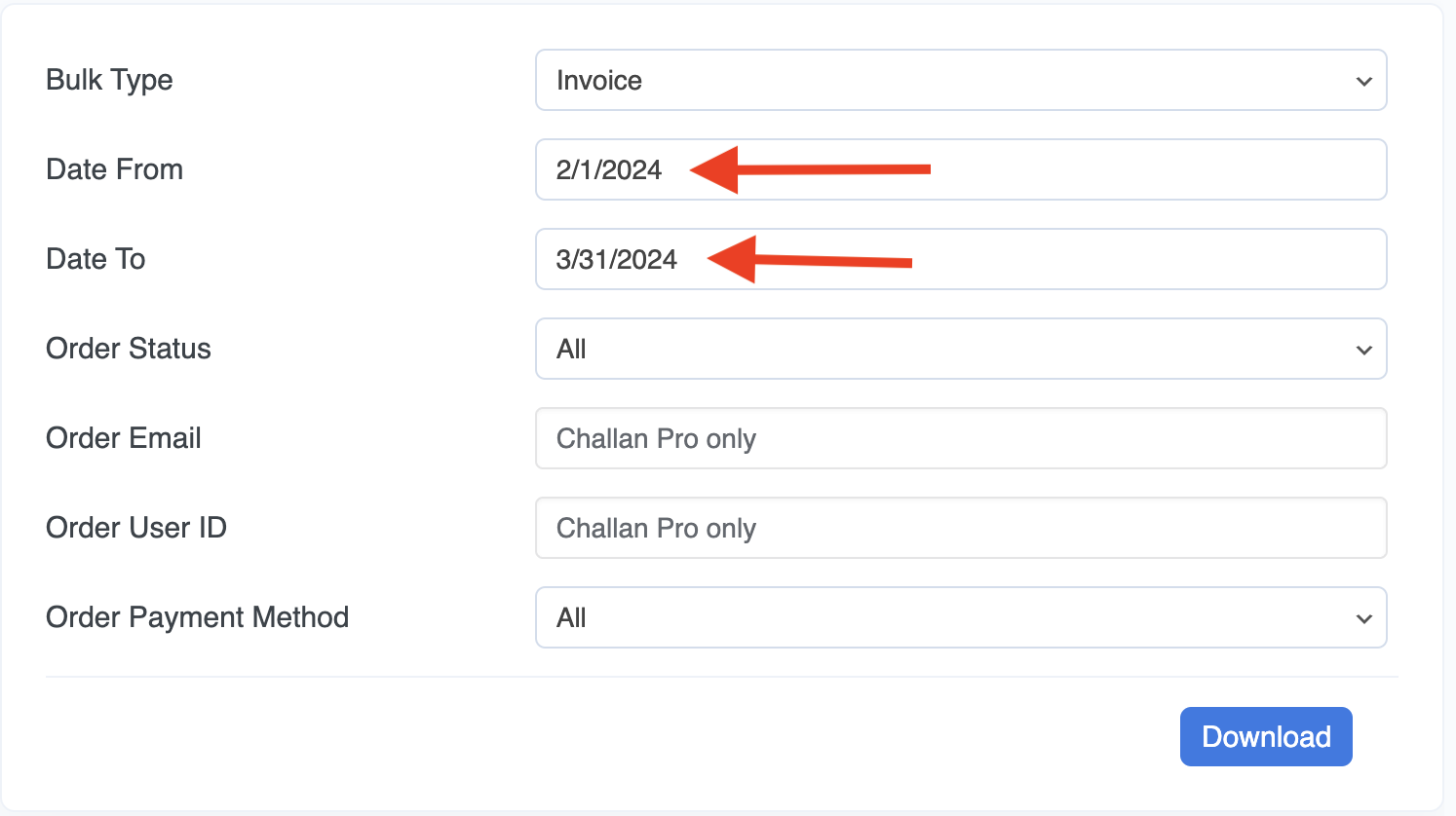 Bulk Download Date Selection 