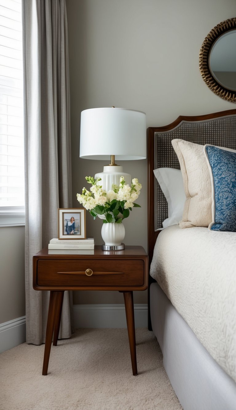 A mid-century side table sits in a grown woman's bedroom, surrounded by elegant decor and personal touches