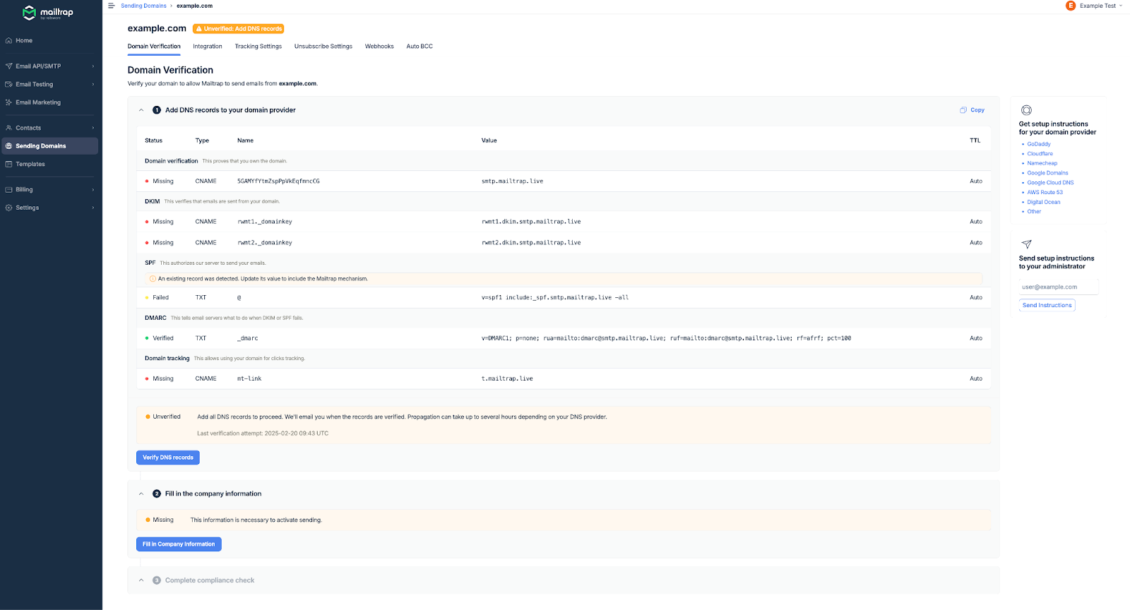 Mailtrap email delivery platform DNS records setup menu. 