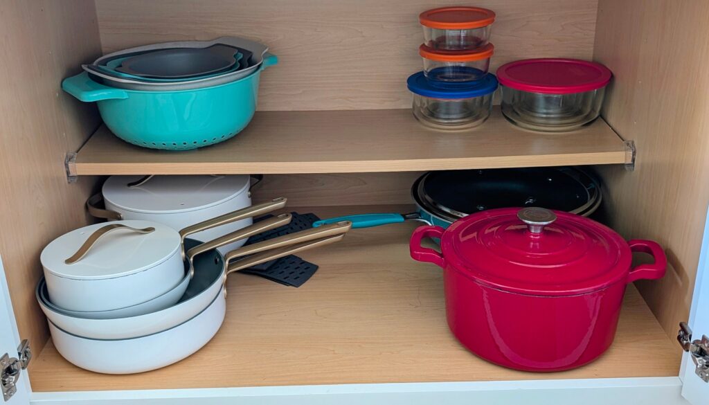 pots inside a wide cabinet