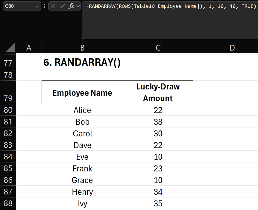 dynamic arrays in Excel - randarray function