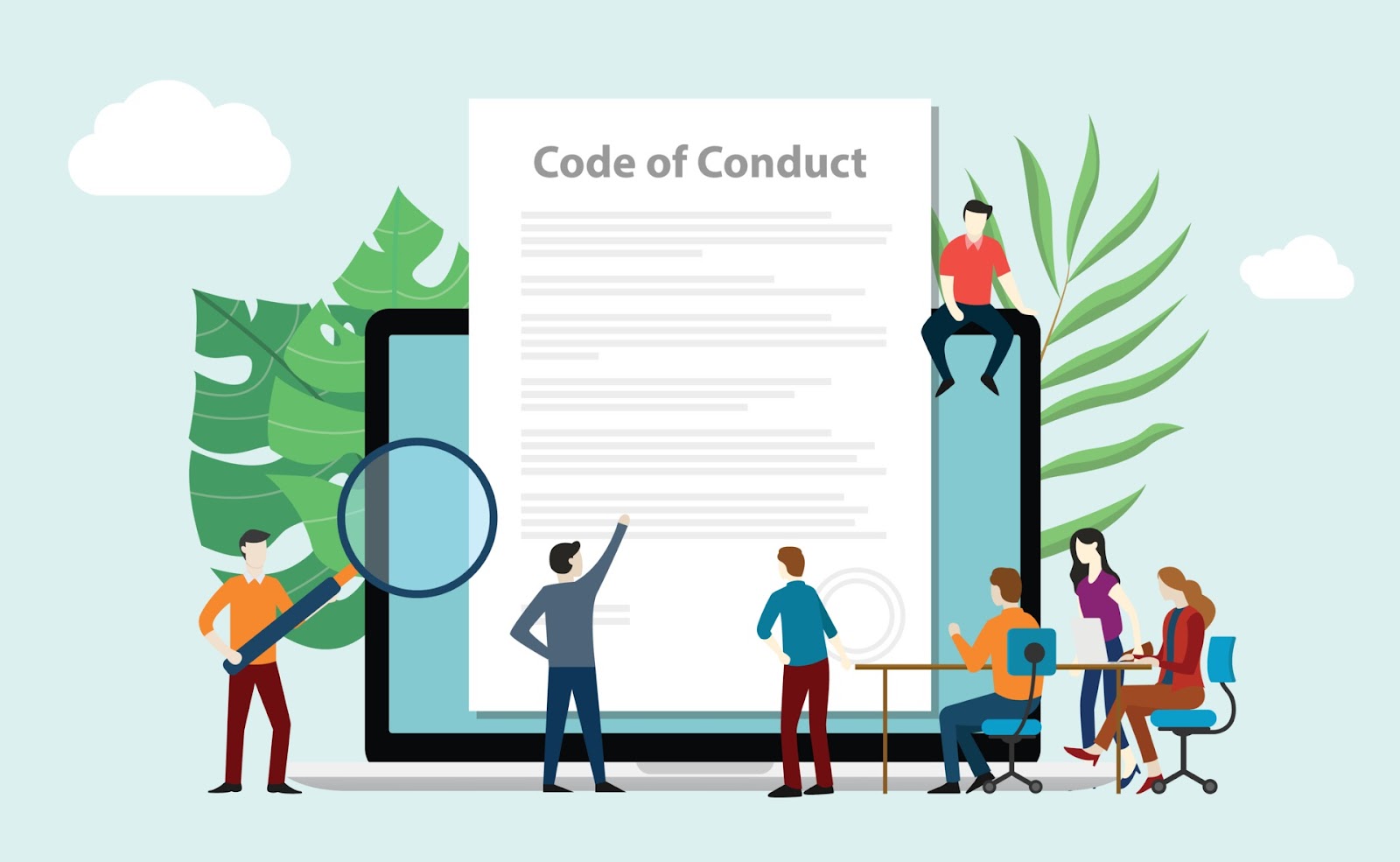 Employees looking at their workplace's Code of Conduct.