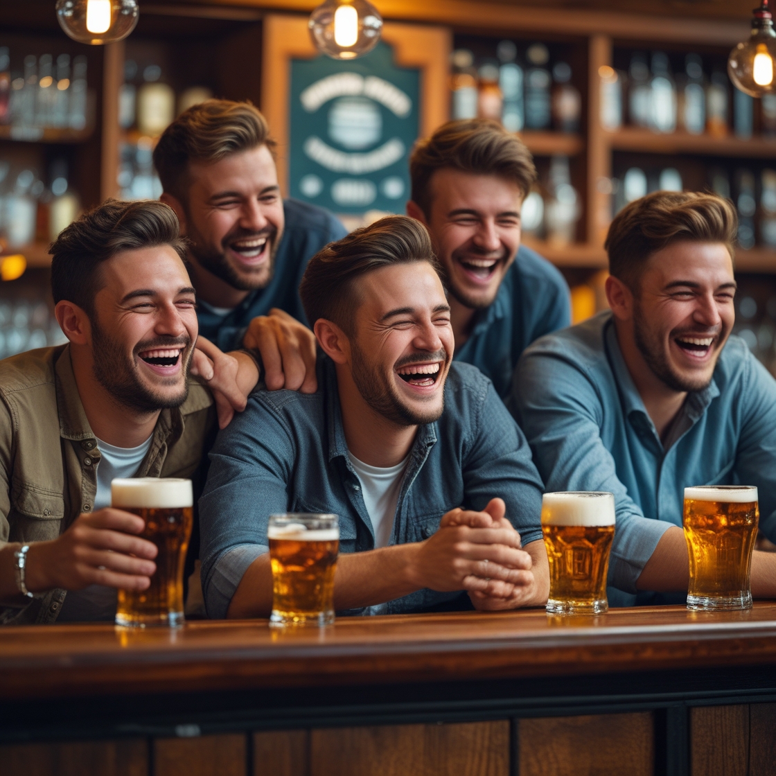 A group of guys laughing at a bar or around a bonfire, symbolizing brotherhood and support