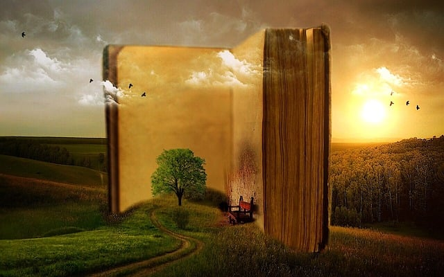 A book opening into a serene landscape, with a tree, a path, and a house set against a sunset sky.