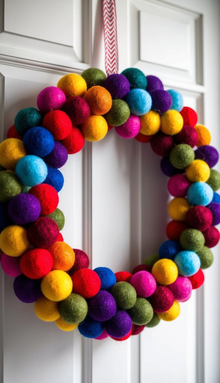 A festive wreath made of colorful felt pom-poms, hanging on a door or wall