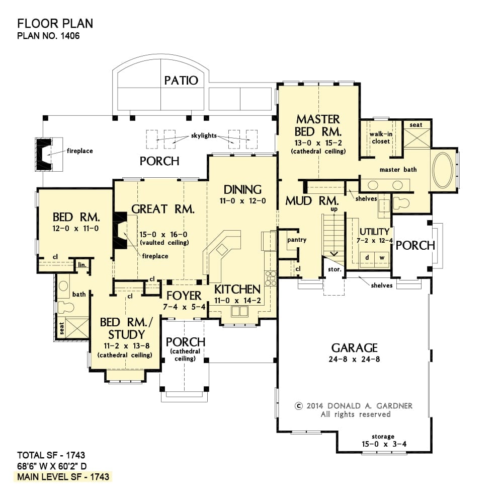 Main level floor plan of a 3-bedroom single-story The Roark cottage with front and rear porches, foyer, great room, kitchen, dining area, three bedrooms, and a utility room leading to a side porch which then opens to the garage.