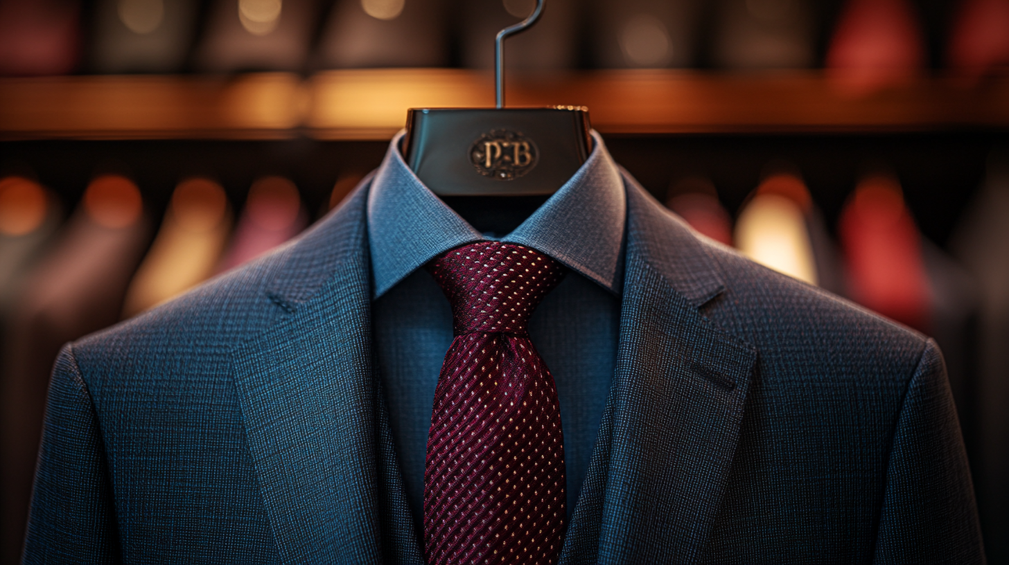 A close-up image of a burgundy tie neatly hung on a hanger, offering a deep, rich color that complements a black suit. The tie looks elegant and stylish, perfect for evening events or weddings. Soft lighting brings out its luxurious tone. Ultra-detailed, 8K resolution.