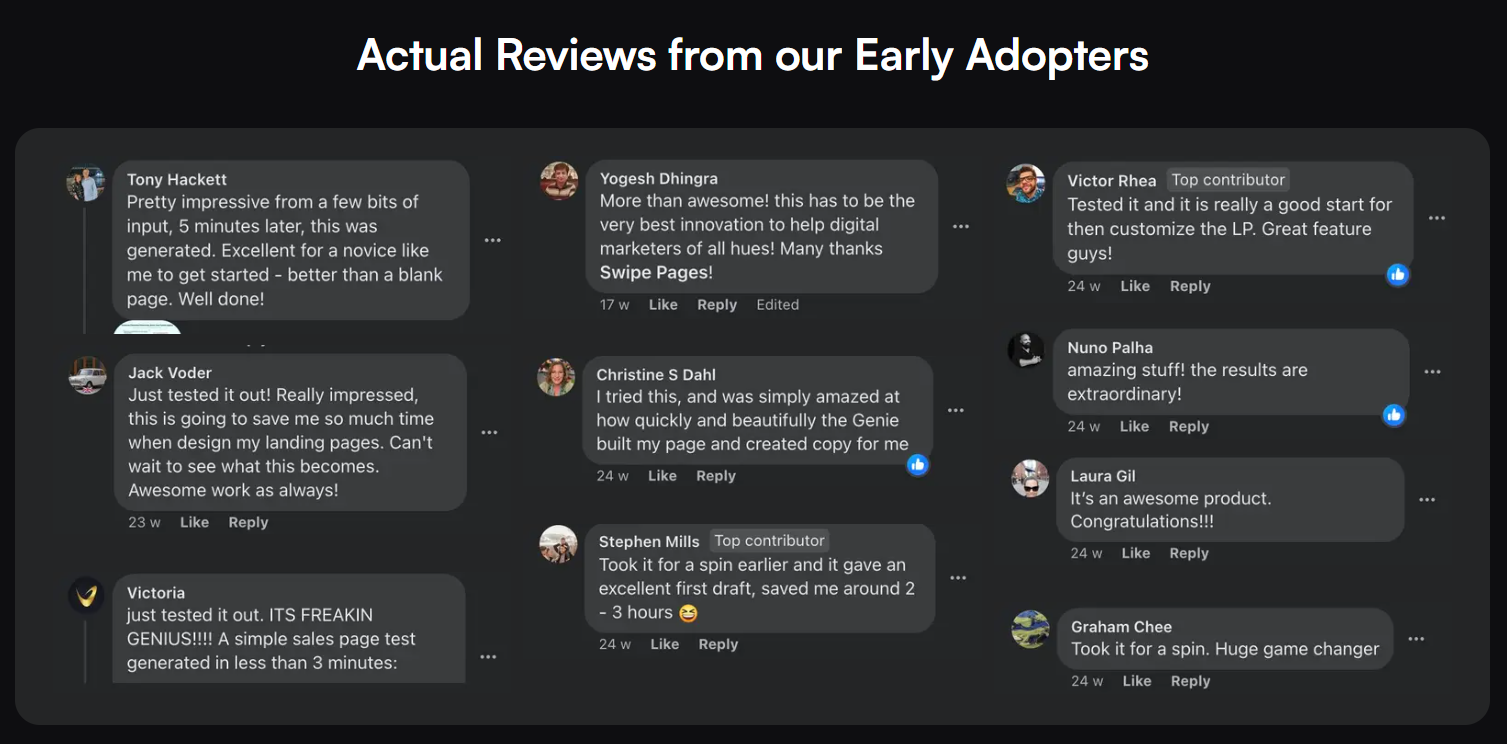 Screenshot of actual reviews from Swipe Genie's early adopters
