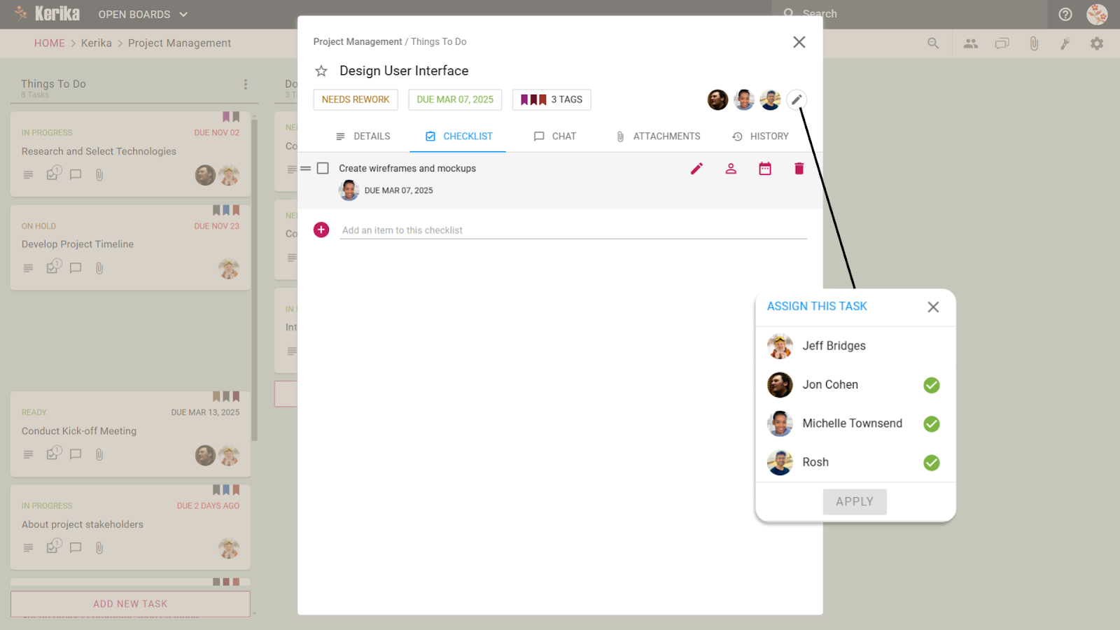 Screenshot demonstrating Kerika's flexible task assignment, ideal for collaborative work. The image highlights clicking the assign icon on the 'Design User Interface' task card, opening an intuitive 'ASSIGN THIS TASK' pop-up. Multiple team members (Jon Cohen, Michelle Townsend, Rosh) are easily selected via checkboxes, showcasing how Kerika simplifies shared responsibility and enhances team collaboration by allowing tasks to be assigned to several people simultaneously, ensuring clear accountability and that everyone stays aligned on their responsibilities.