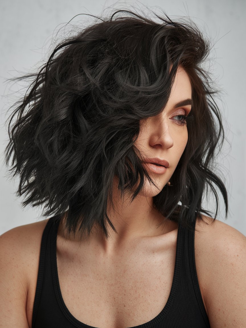 24. Edgy Angled Wavy Black Bob