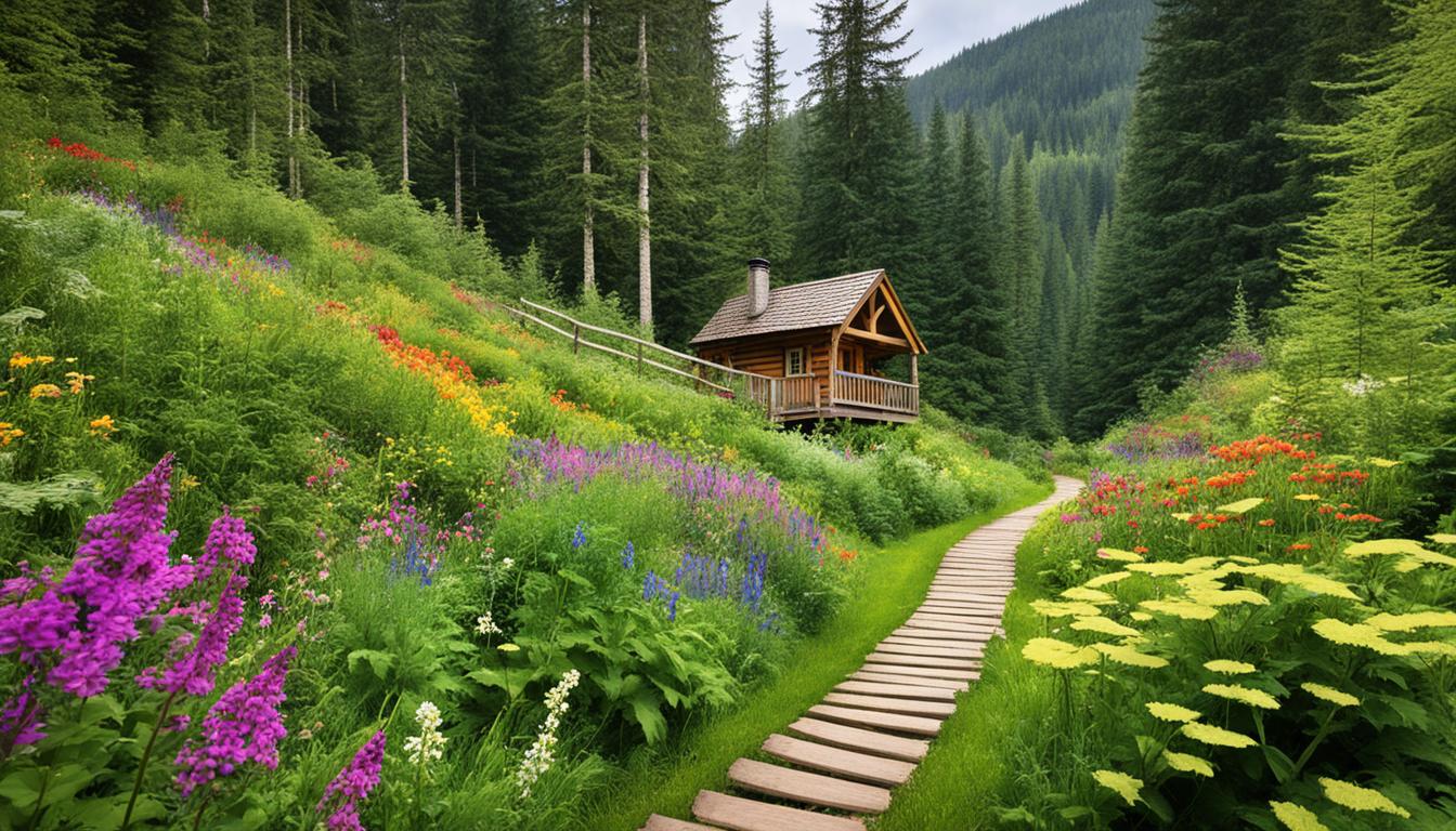 A winding road through a lush forest, with a small cabin at the end of the path. The cabin is surrounded by a beautiful garden filled with colourful flowers and tall trees. At the entrance to the garden, there is a rustic wooden sign that reads "Trust in the journey" with a small butterfly perched on top. In the distance, you can see a faint outline of a larger, grander home that seems to be under construction, but not quite complete. The image exudes a sense of peace, tranquillity, and patience, as if the journey towards building one's dream home is a long and winding road, but one worth taking.