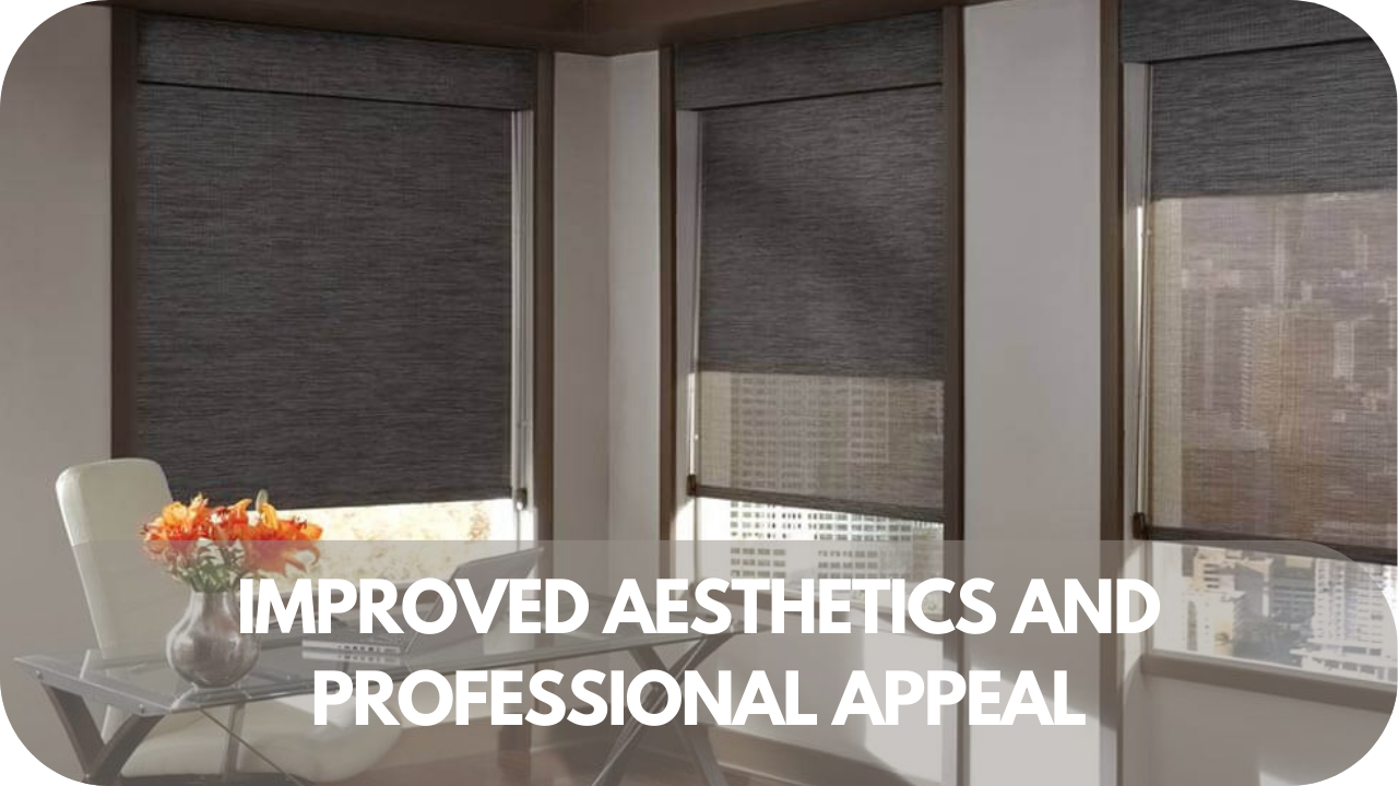 Stylish roller blinds enhancing the aesthetics of a sleek office space, adding a touch of professional appeal.