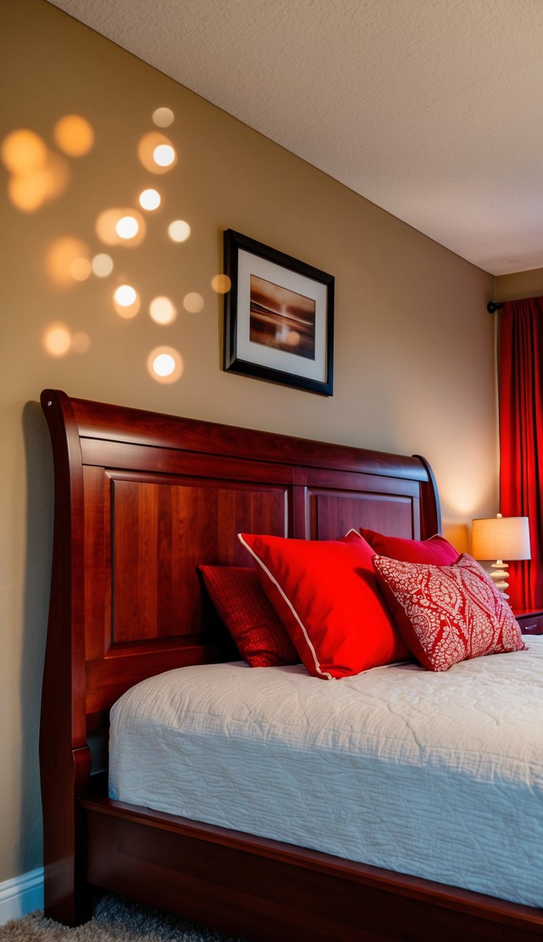 A cherry wood bed frame in a cozy bedroom with red accents and warm lighting