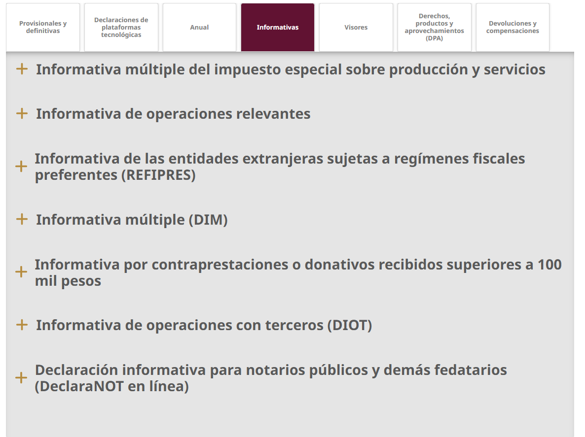 Menú del SAT con declaraciones informativas como DIM, REFIPRES y operaciones relevantes