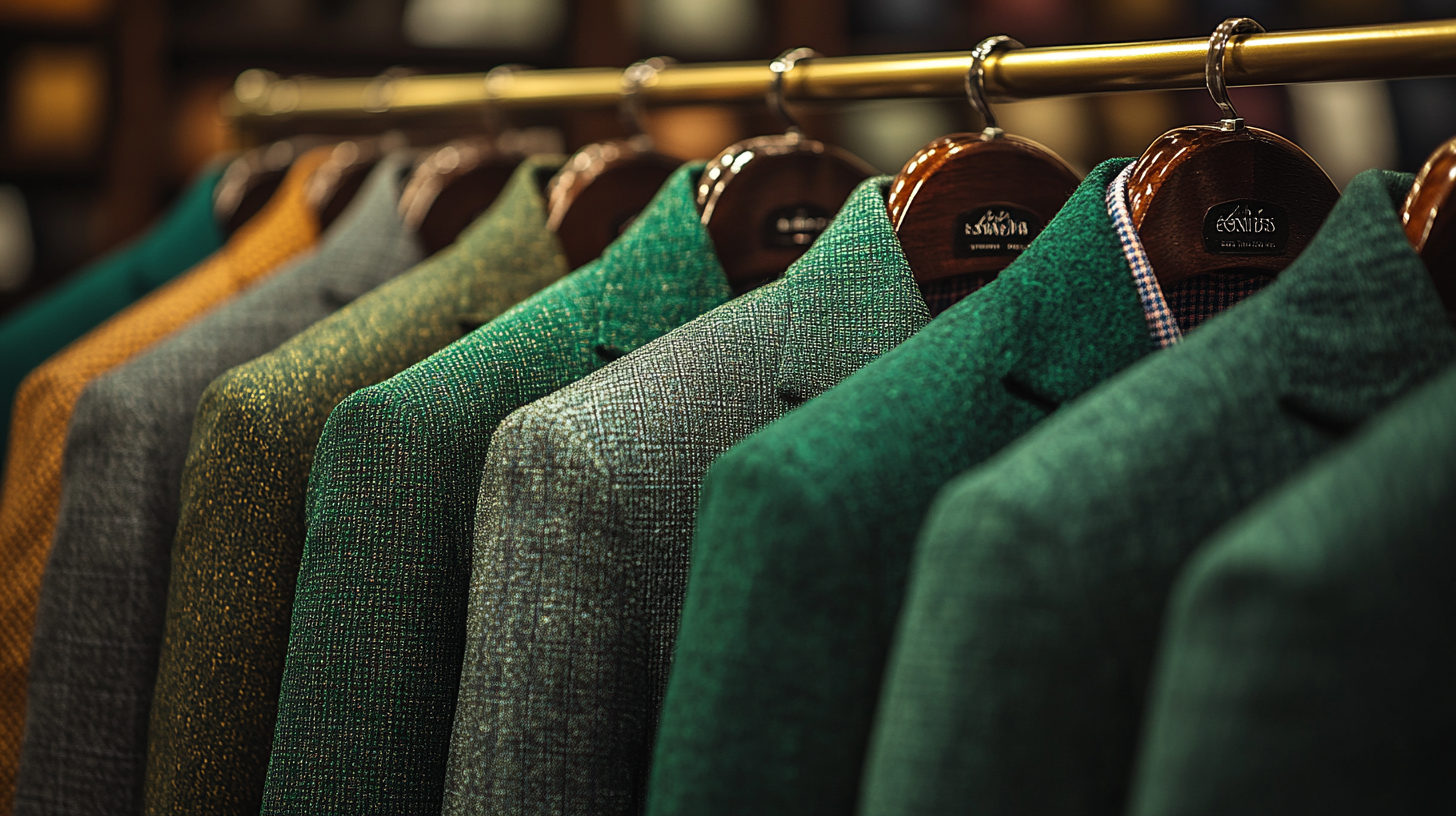 
A sophisticated boutique showcasing a range of green suits in various shades, from deep emerald to soft olive. The focus is on the elegant display of suits, each carefully arranged to highlight the unique tones and textures of the green fabric. Soft, warm lighting accentuates the depth of each shade, with subtle variations in the fabric’s finish, from matte to slightly glossy. The clean, minimalist background allows the green tones to stand out, showcasing the versatility of green as a stylish, timeless choice