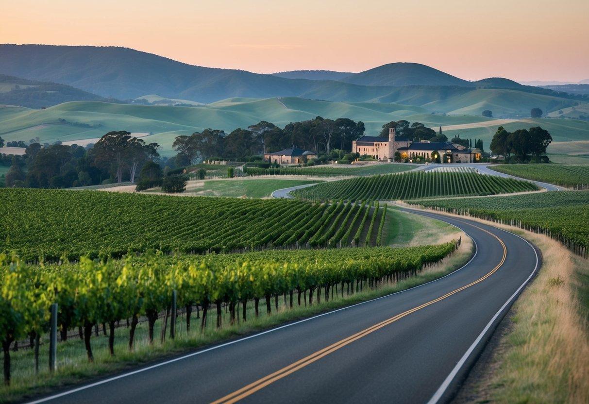 A winding road cuts through lush vineyards and rolling hills, leading to picturesque wineries in the Hunter Valley