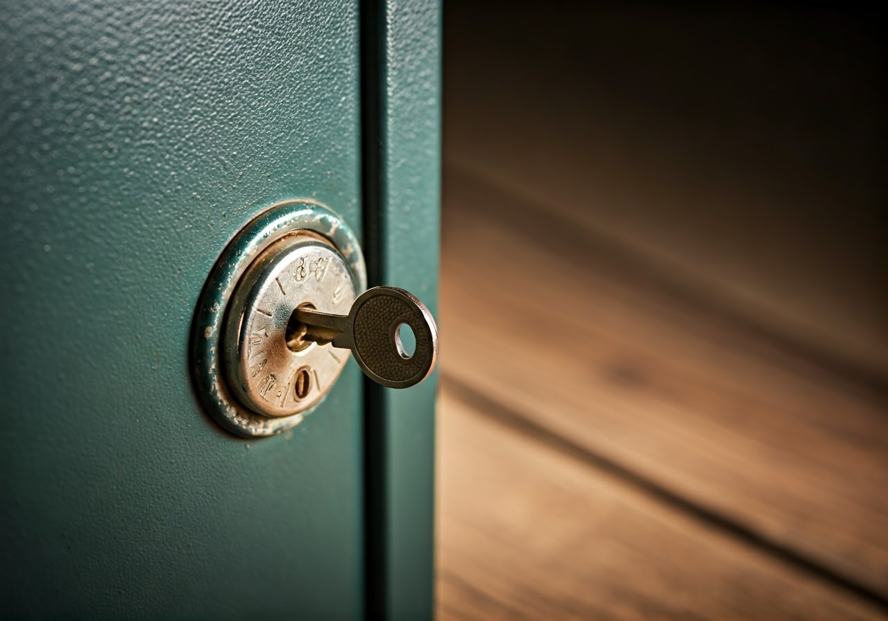 Close-up of a worn gun safe lock