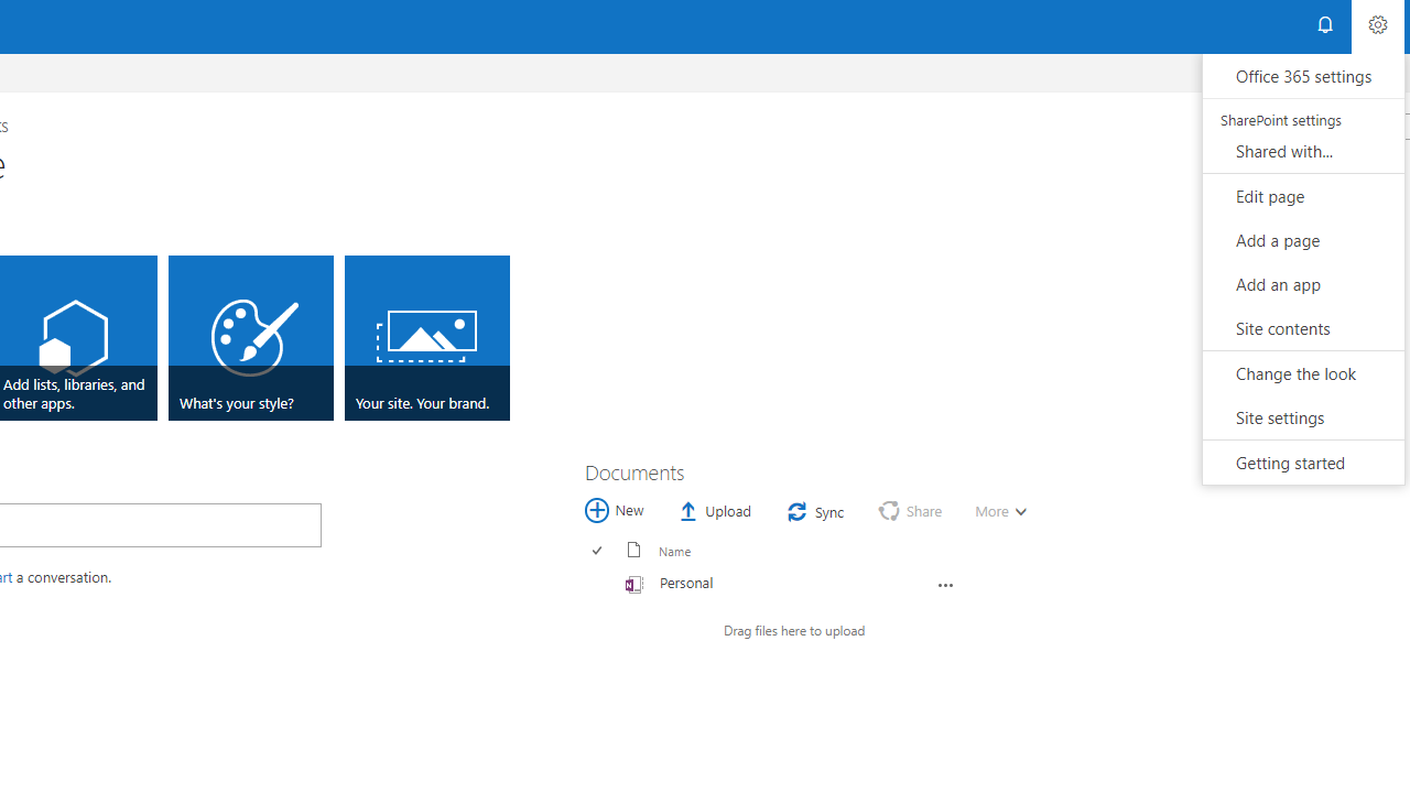 Gear icon expanded to show options, which include Office 365 settings, Shared with, Edit page, Add a page, Add an app, Site contents, Change the look, Site settings, and Getting started.