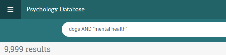 screenshot of a ProQuest database showing a search for "dogs and mental health" with only about 10,000 results.