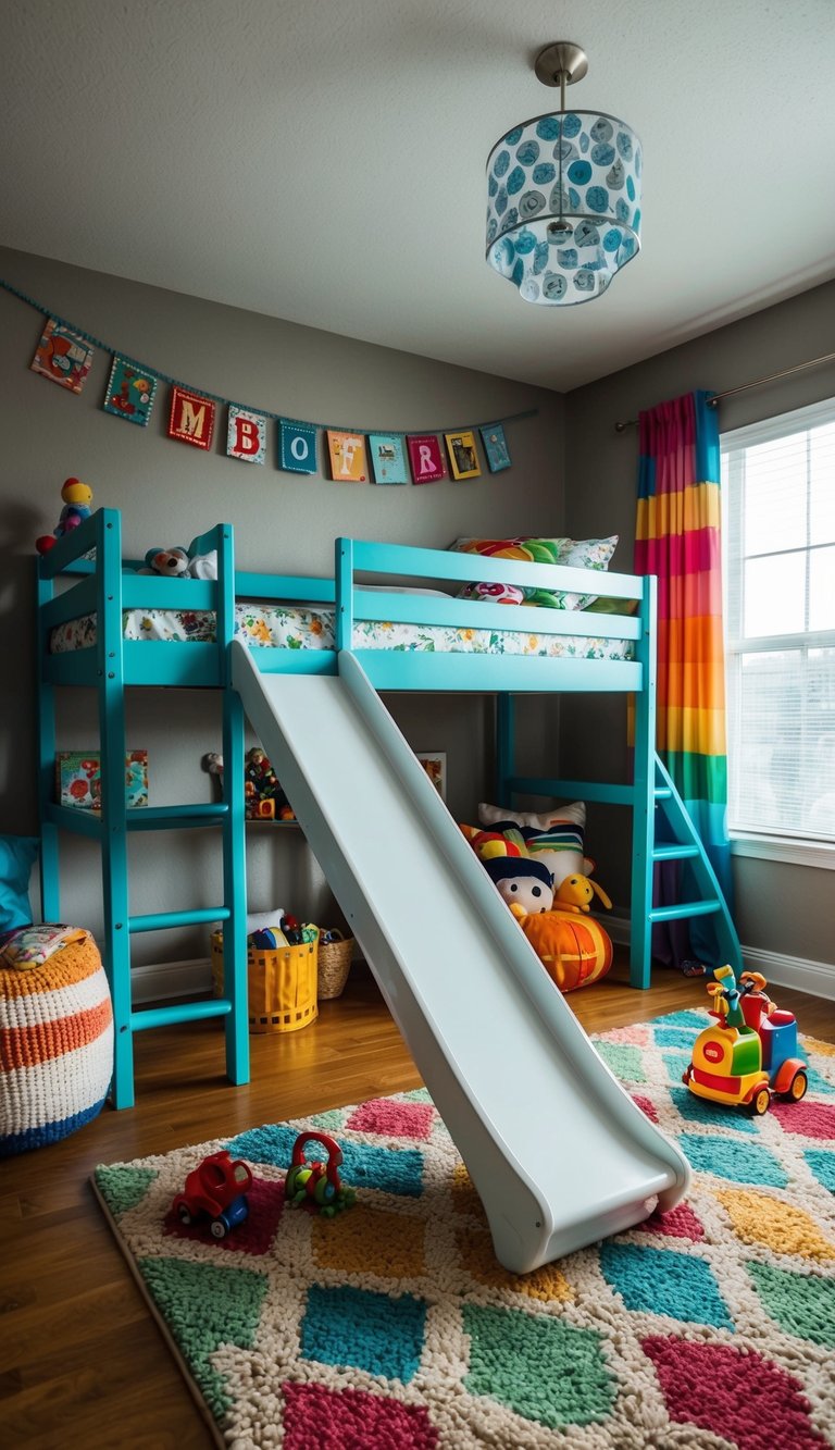 A loft bed with a slide in a kids' bedroom, surrounded by colorful decor and toys