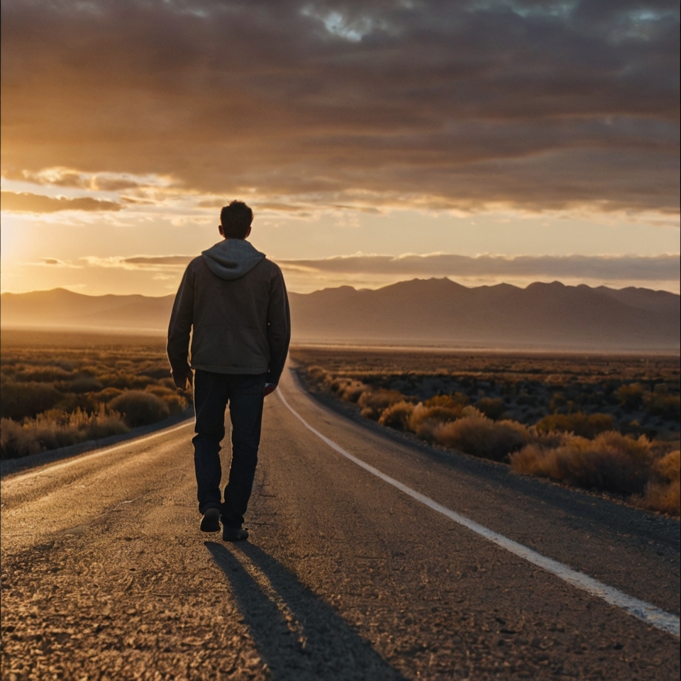 A man walking alone on an empty road at sunset, symbolizing the journey of moving on after heartbreak.